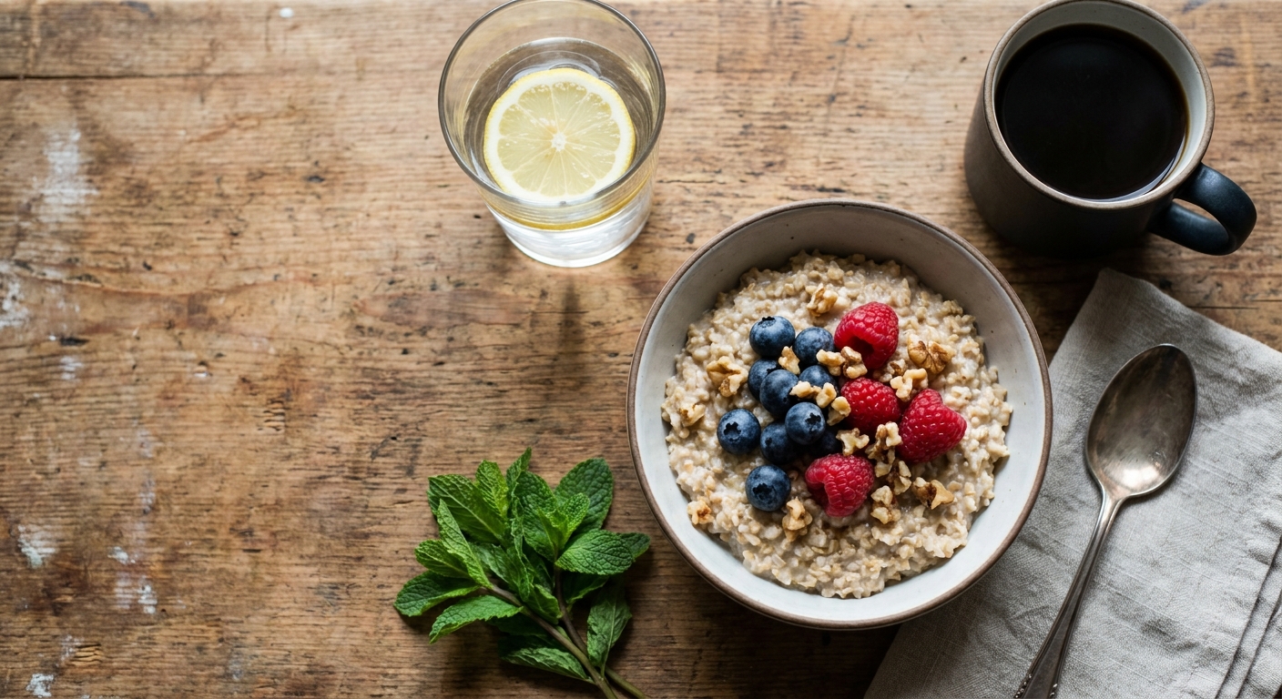Overhead view of a balanced breakfast with oats, berries and walnuts on a wooden table