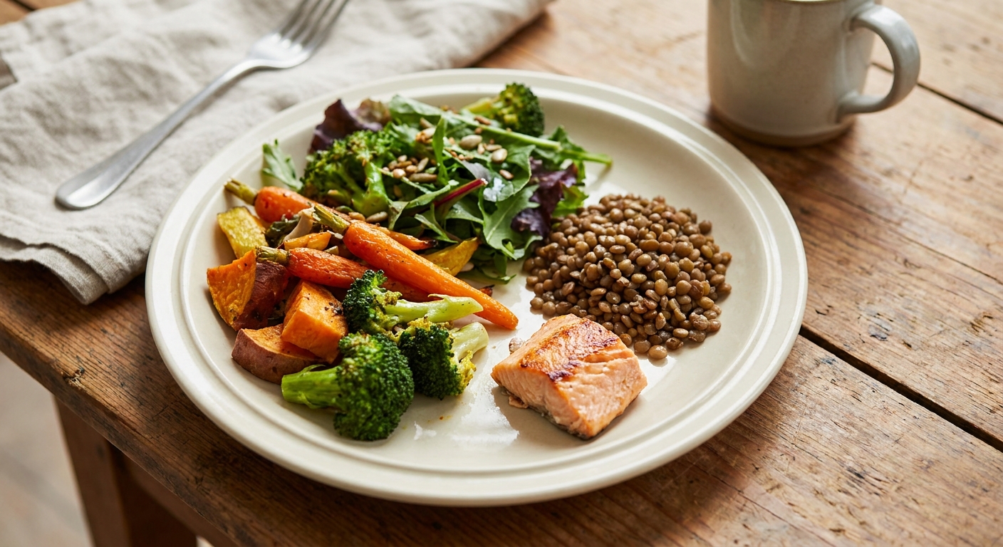 Balanced lunch plate with roasted vegetables, lentils and grilled salmon